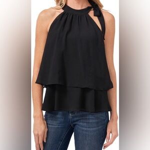 CeCe Shoulder Bow Tiered Ruffle Crinkle Chiffon Blouse Black Women’s Sz L